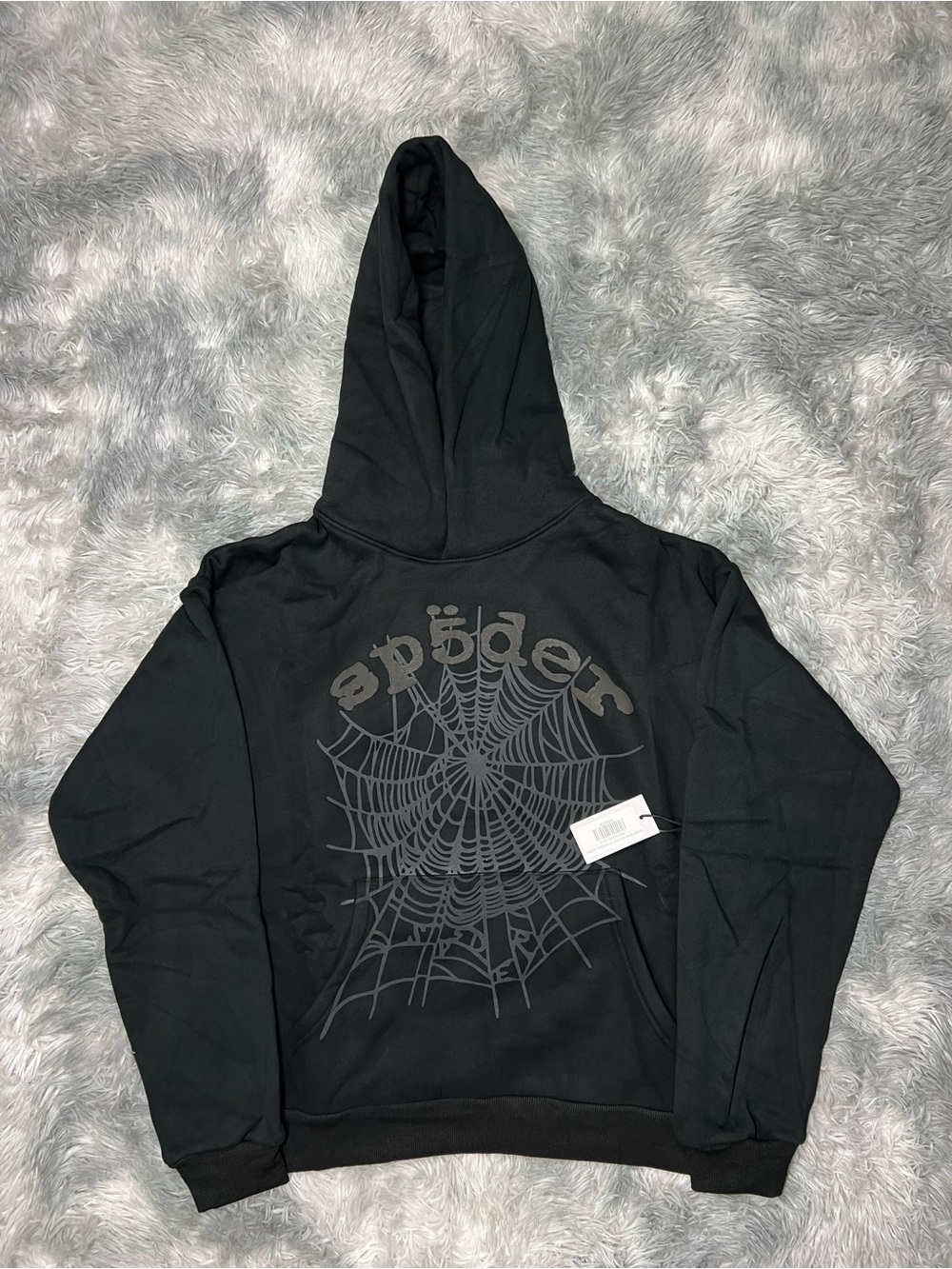 SP5DER Black Graphic Hoodie Sweater with Spiderweb Design
